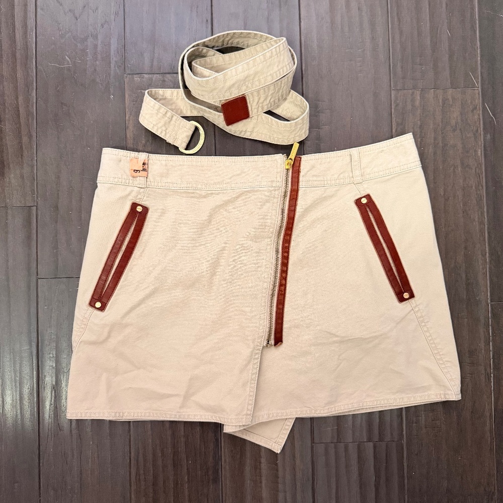 Michael Kors Cotton Leather Asymmetric Mini Skirt with Belt Sz 10 PART OF SET